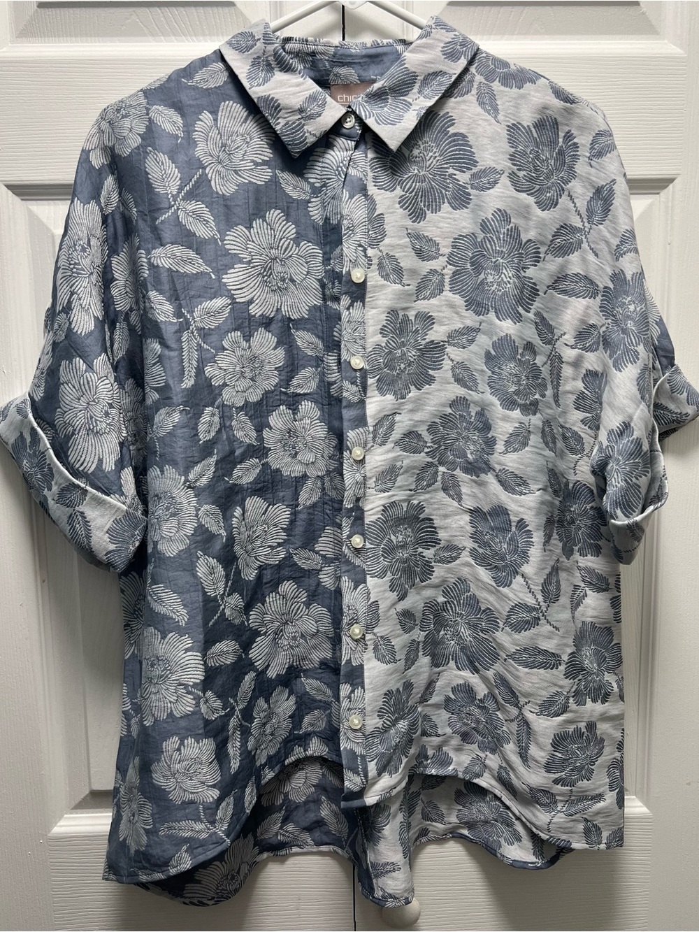Chico's Two-Tone Blue Floral Button-Down Shirt